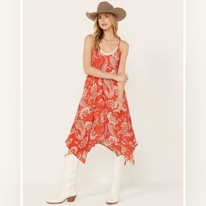 Wild Moss Womens Orange Boho Floral Paisley Print Hanky Midi Dress